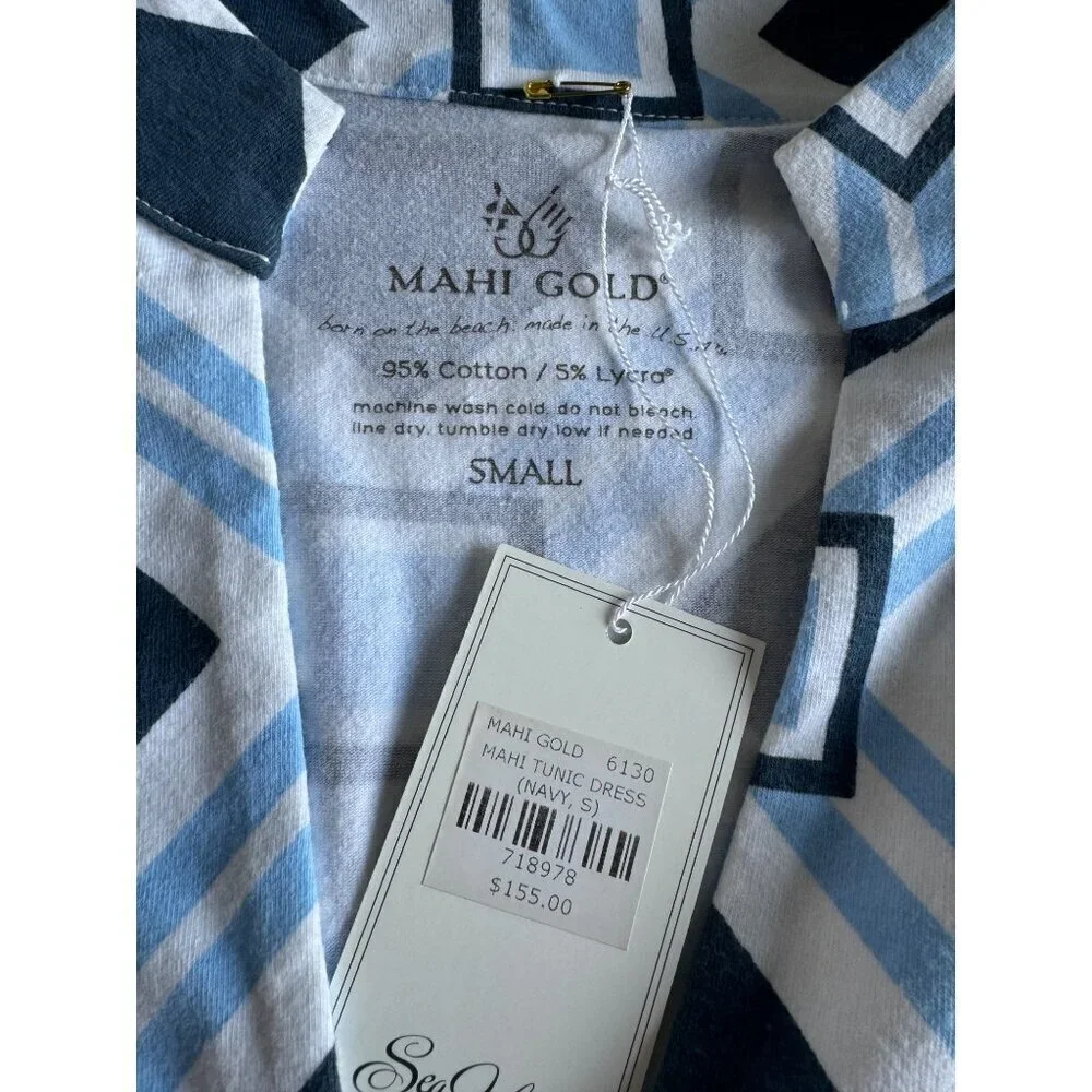 MAHI Gold Tunic Dress Womens S 3/4 Sleeves Geometric V-Neck Navy Blue NEW - Picture 3 of 7